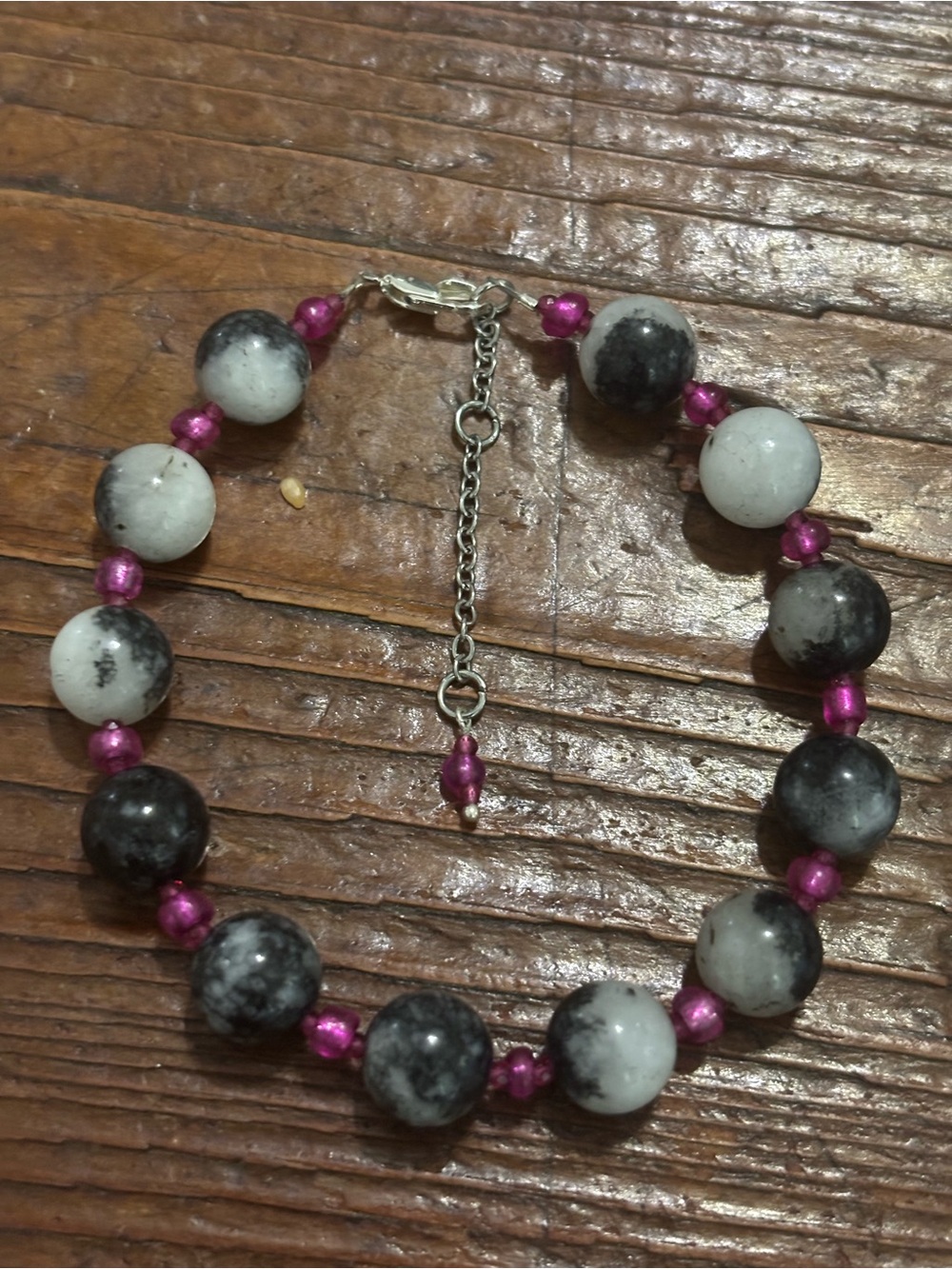 Handmade Black and White Stone Bead Bracelet with Pink Accent Beads